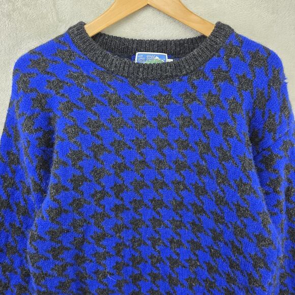Vintage Neiman Marcus Houndstooth Wool Sweater Medium Blue Shetland Sweatshirt - Picture 3 of 7